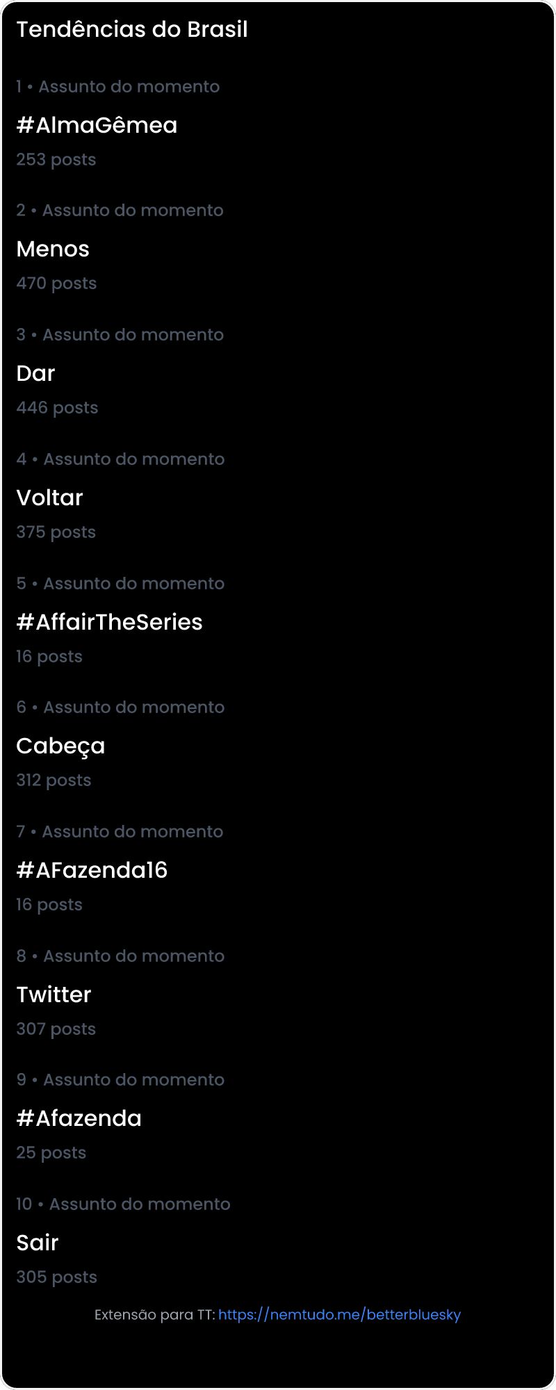 10 tendências/hashtags/palavras mais comentadas listadas por imagem.