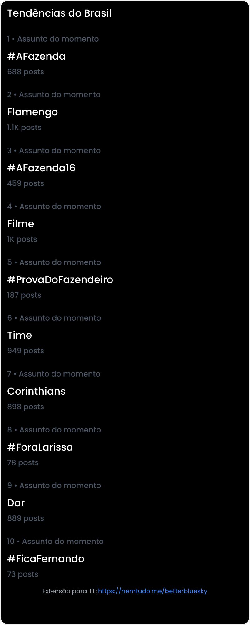 10 tendências/hashtags/palavras mais comentadas listadas por imagem.