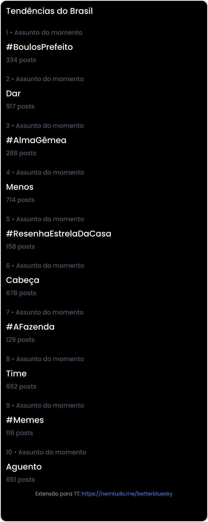 10 tendências/hashtags/palavras mais comentadas listadas por imagem.