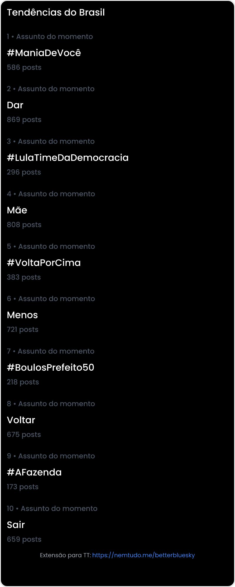 10 tendências/hashtags/palavras mais comentadas listadas por imagem.