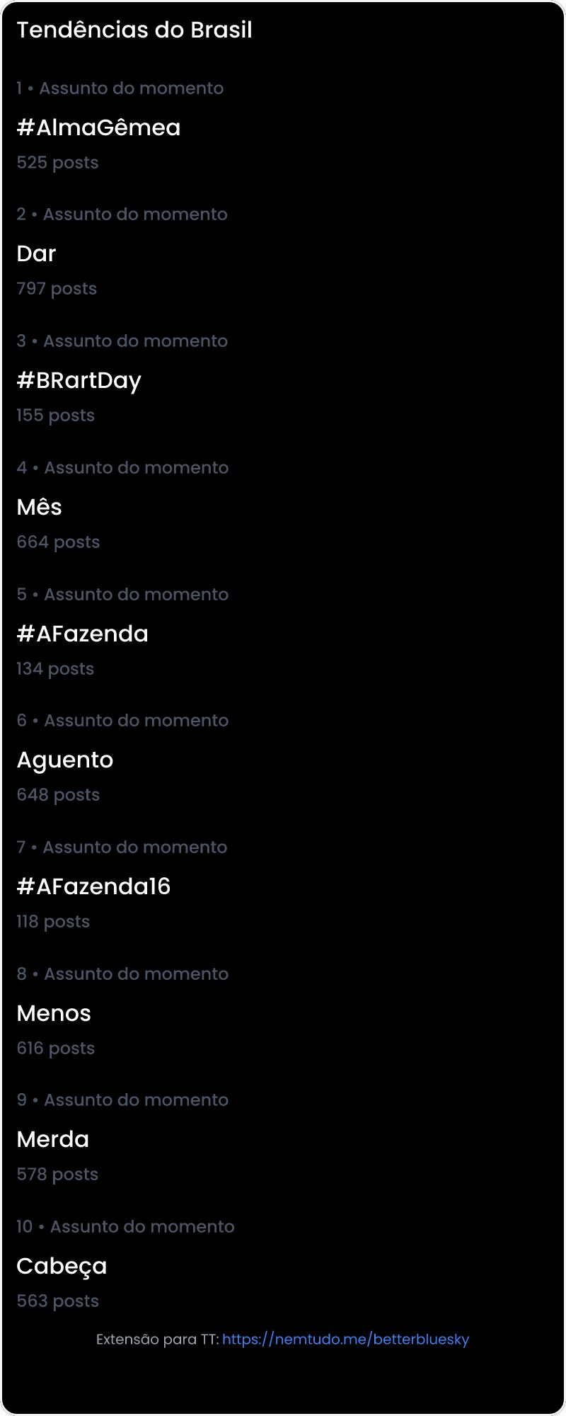 10 tendências/hashtags/palavras mais comentadas listadas por imagem.