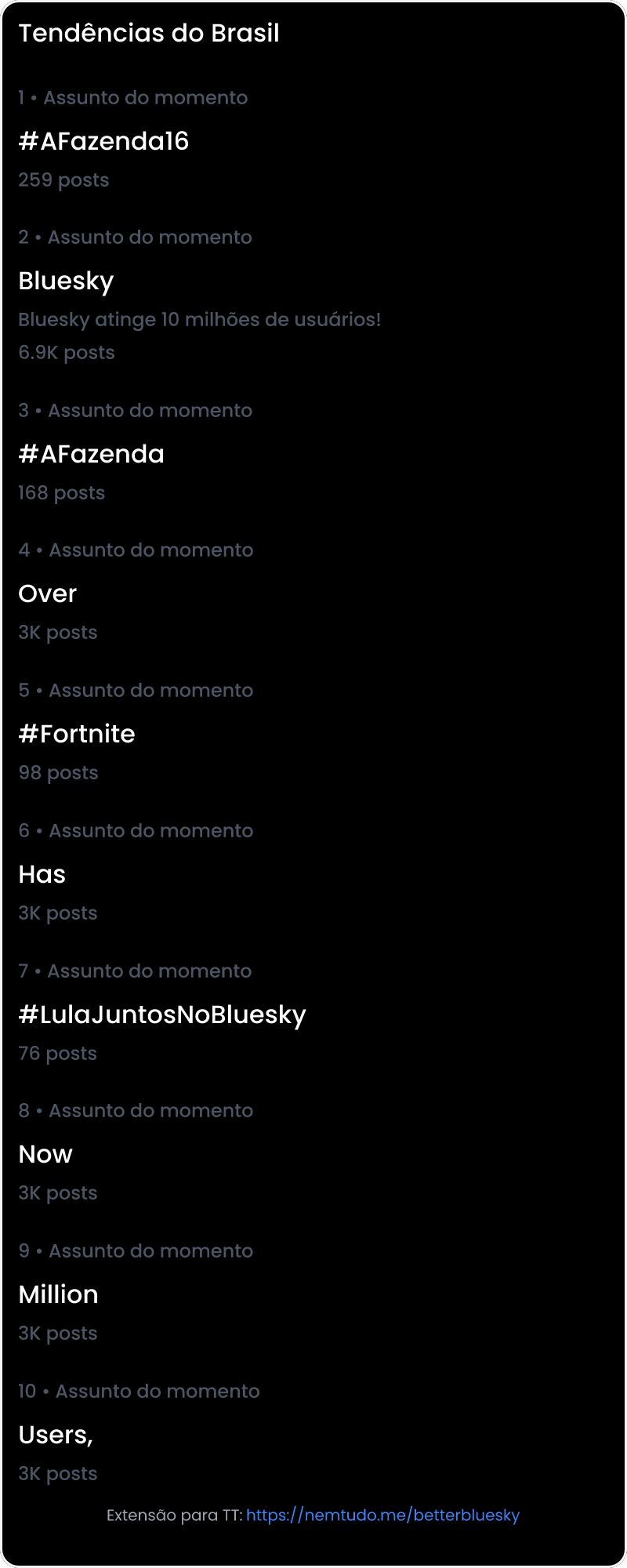 10 tendências/hashtags/palavras mais comentadas listadas por imagem.