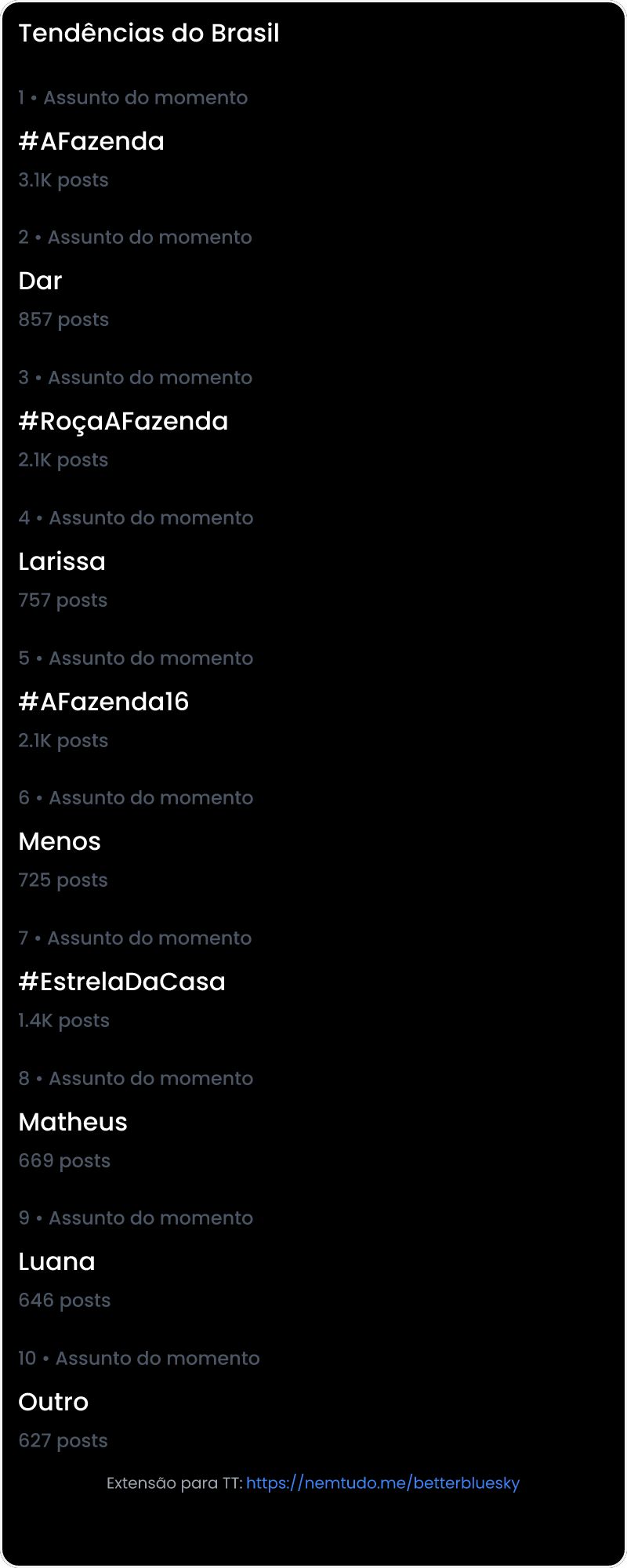 10 tendências/hashtags/palavras mais comentadas listadas por imagem.