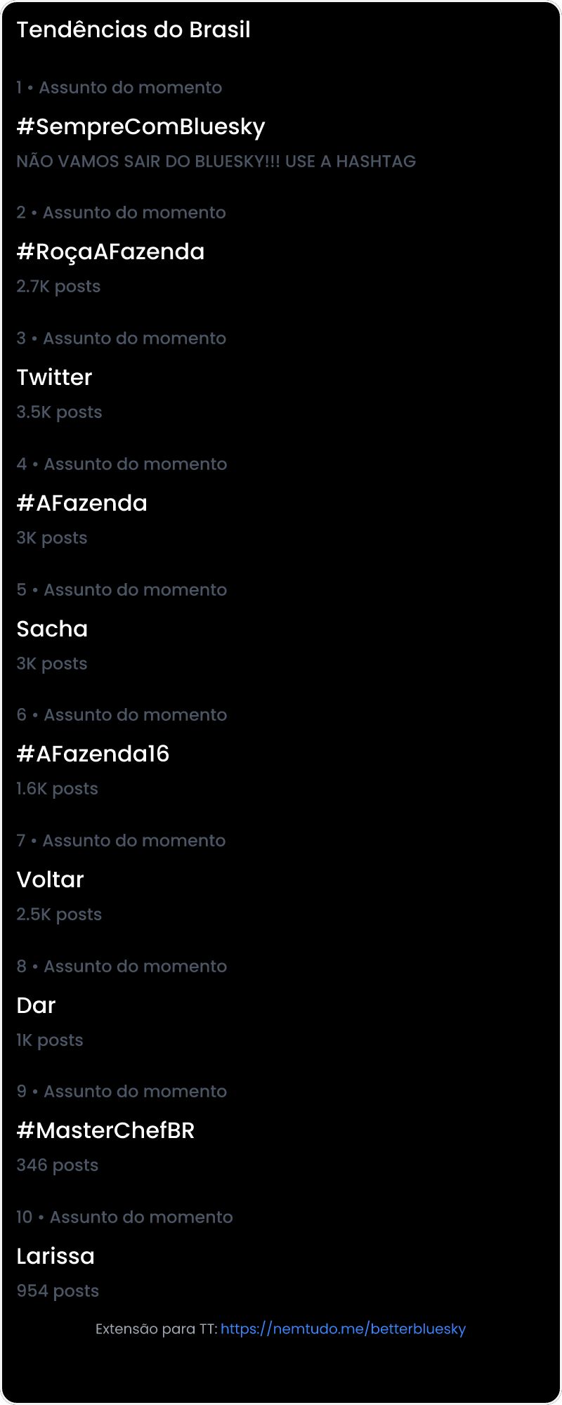 10 tendências/hashtags/palavras mais comentadas listadas por imagem.