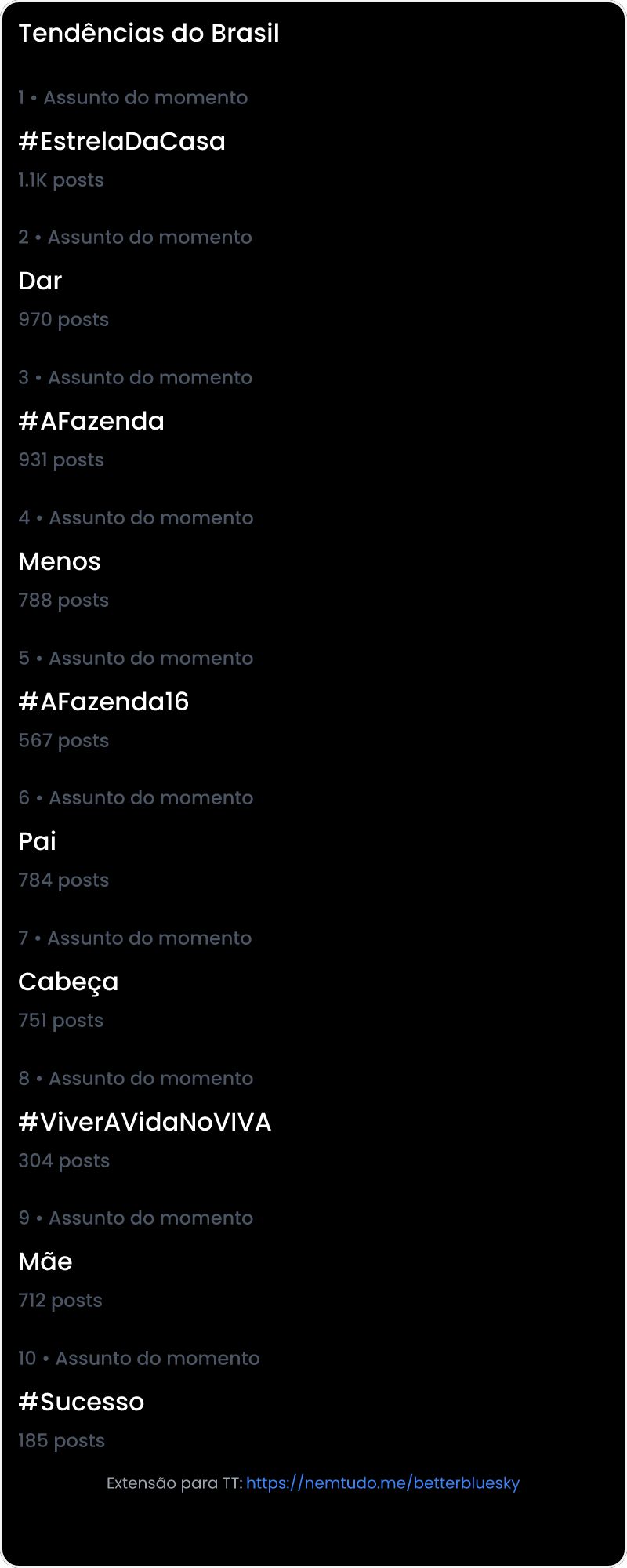 10 tendências/hashtags/palavras mais comentadas listadas por imagem.