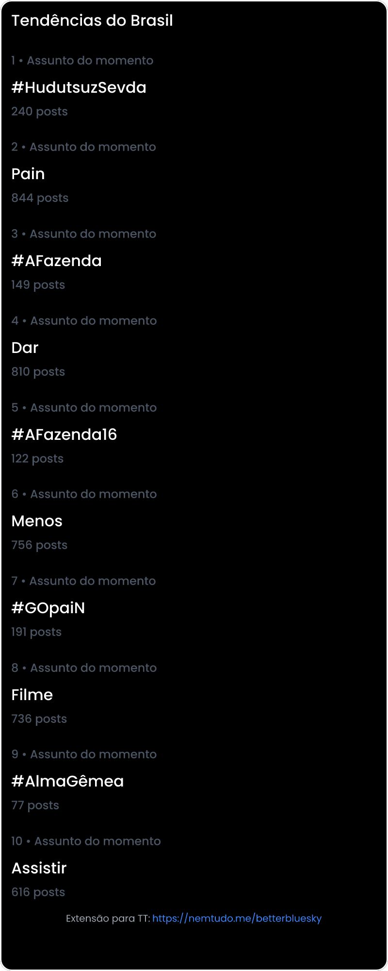 10 tendências/hashtags/palavras mais comentadas listadas por imagem.