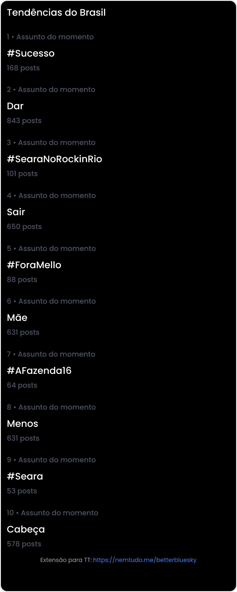 10 tendências/hashtags/palavras mais comentadas listadas por imagem.