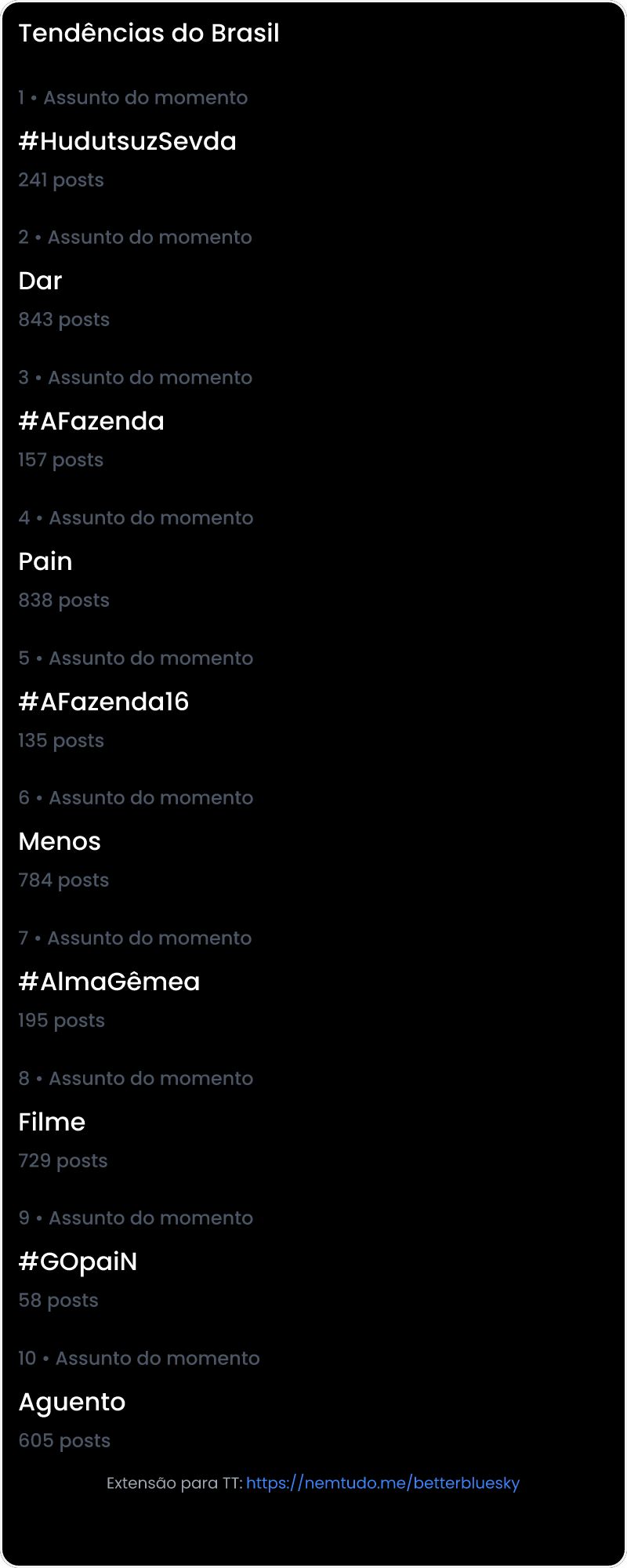 10 tendências/hashtags/palavras mais comentadas listadas por imagem.