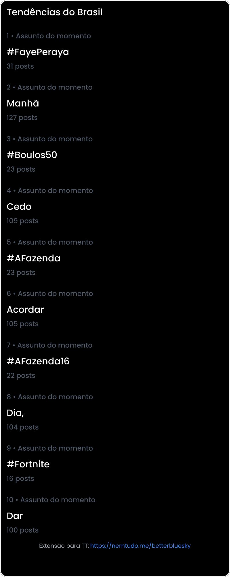 10 tendências/hashtags/palavras mais comentadas listadas por imagem.