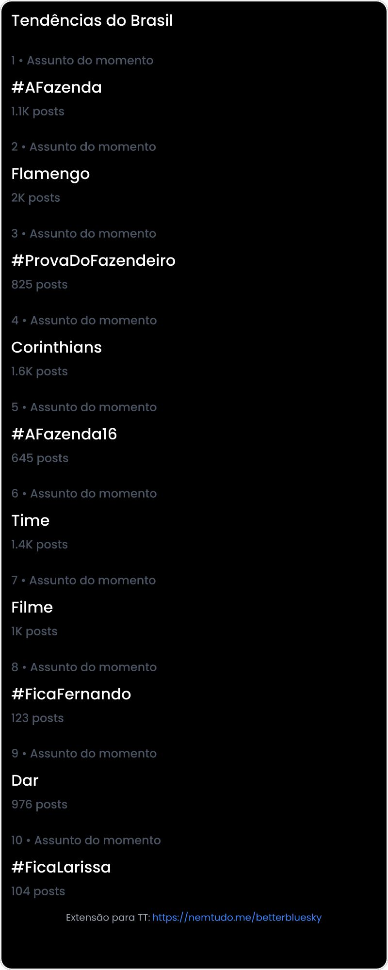 10 tendências/hashtags/palavras mais comentadas listadas por imagem.