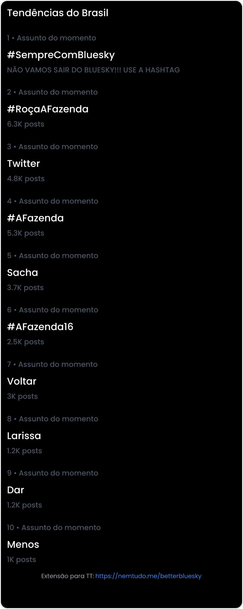 10 tendências/hashtags/palavras mais comentadas listadas por imagem.