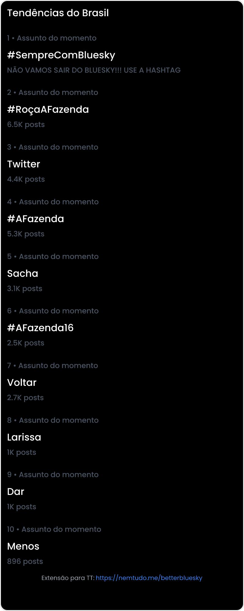 10 tendências/hashtags/palavras mais comentadas listadas por imagem.