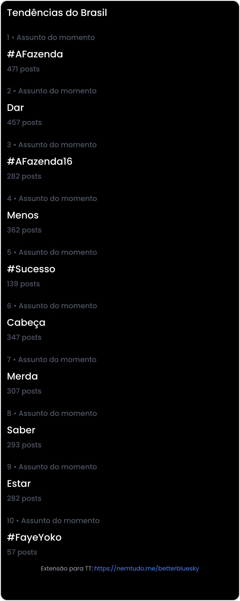 10 tendências/hashtags/palavras mais comentadas listadas por imagem.