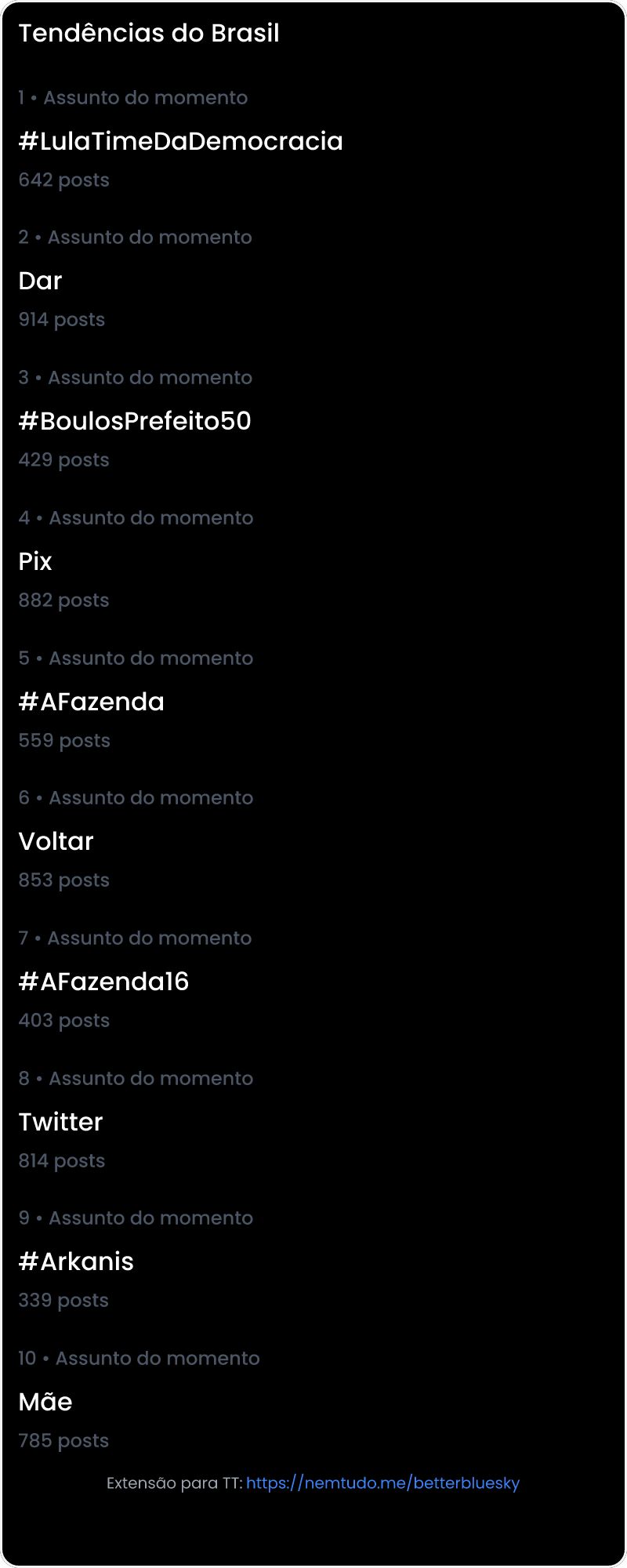 10 tendências/hashtags/palavras mais comentadas listadas por imagem.