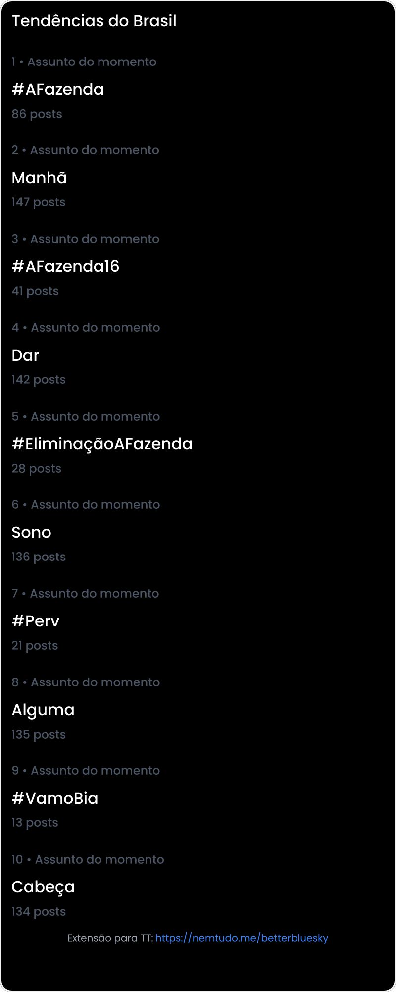 10 tendências/hashtags/palavras mais comentadas listadas por imagem.