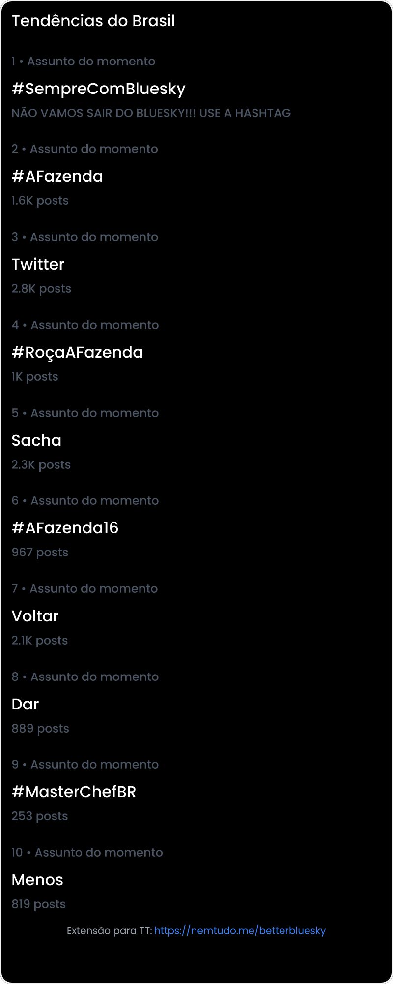 10 tendências/hashtags/palavras mais comentadas listadas por imagem.