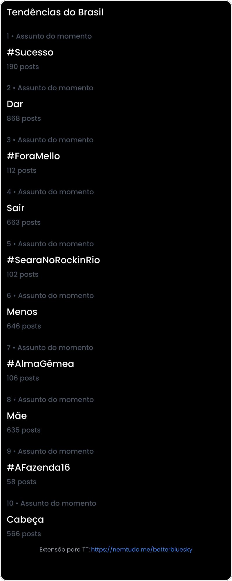 10 tendências/hashtags/palavras mais comentadas listadas por imagem.