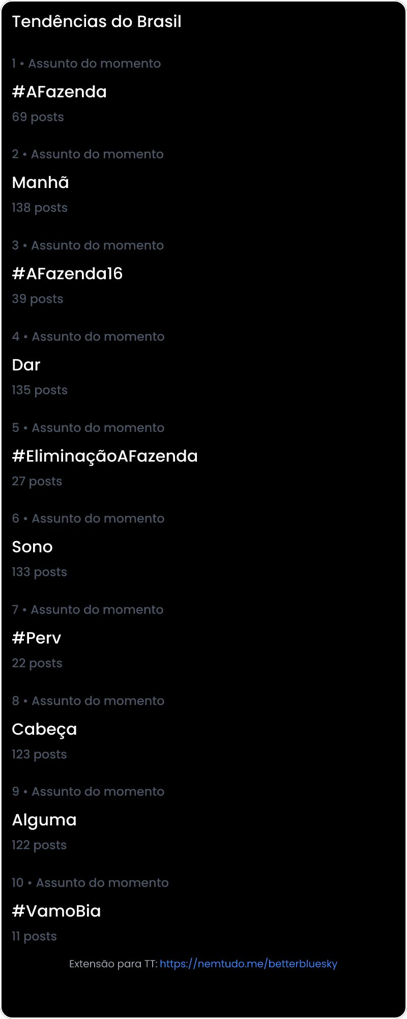 10 tendências/hashtags/palavras mais comentadas listadas por imagem.