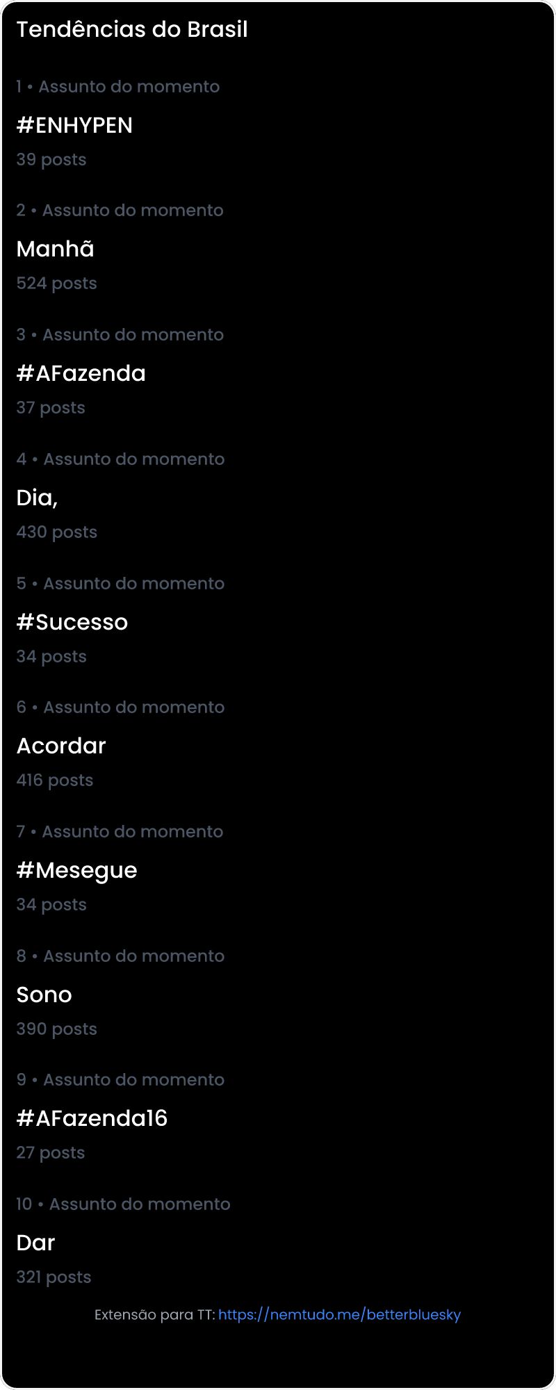 10 tendências/hashtags/palavras mais comentadas listadas por imagem.