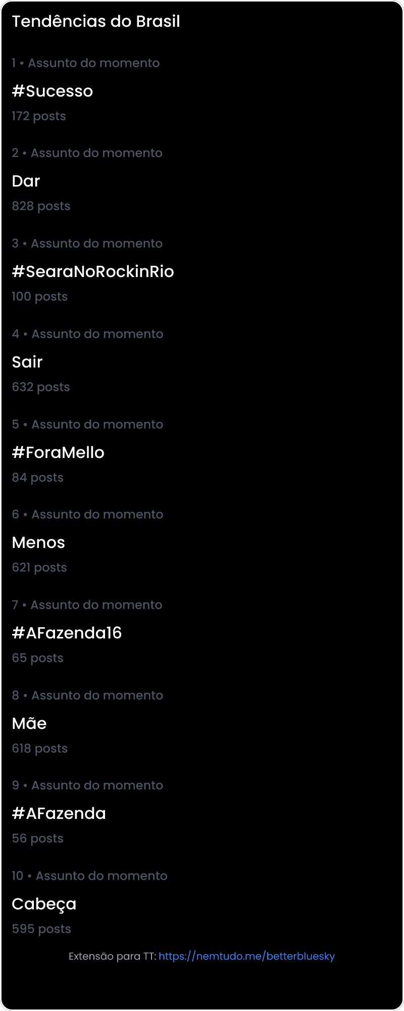 10 tendências/hashtags/palavras mais comentadas listadas por imagem.