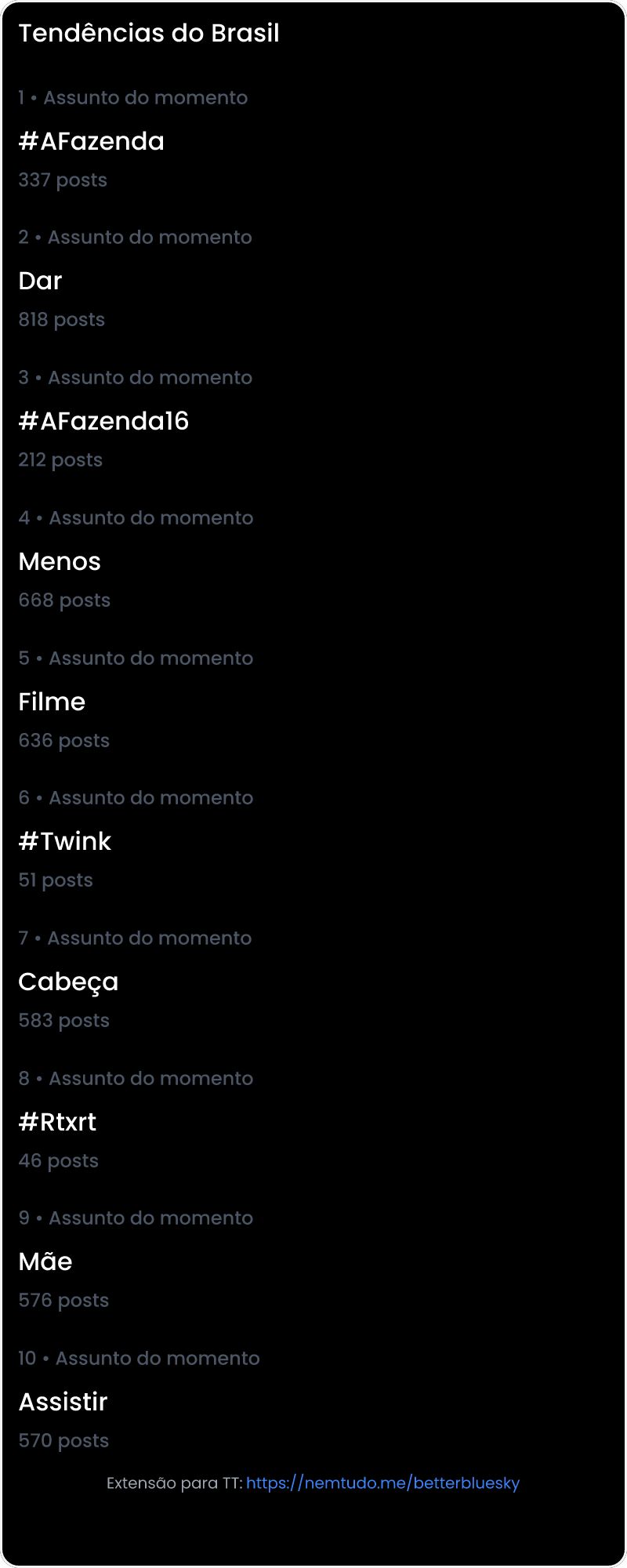 10 tendências/hashtags/palavras mais comentadas listadas por imagem.