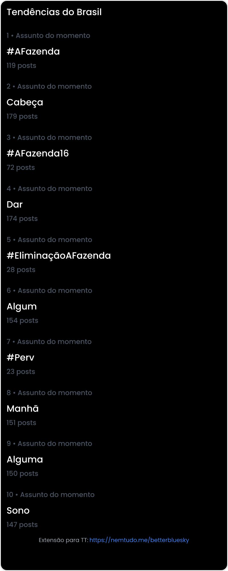 10 tendências/hashtags/palavras mais comentadas listadas por imagem.