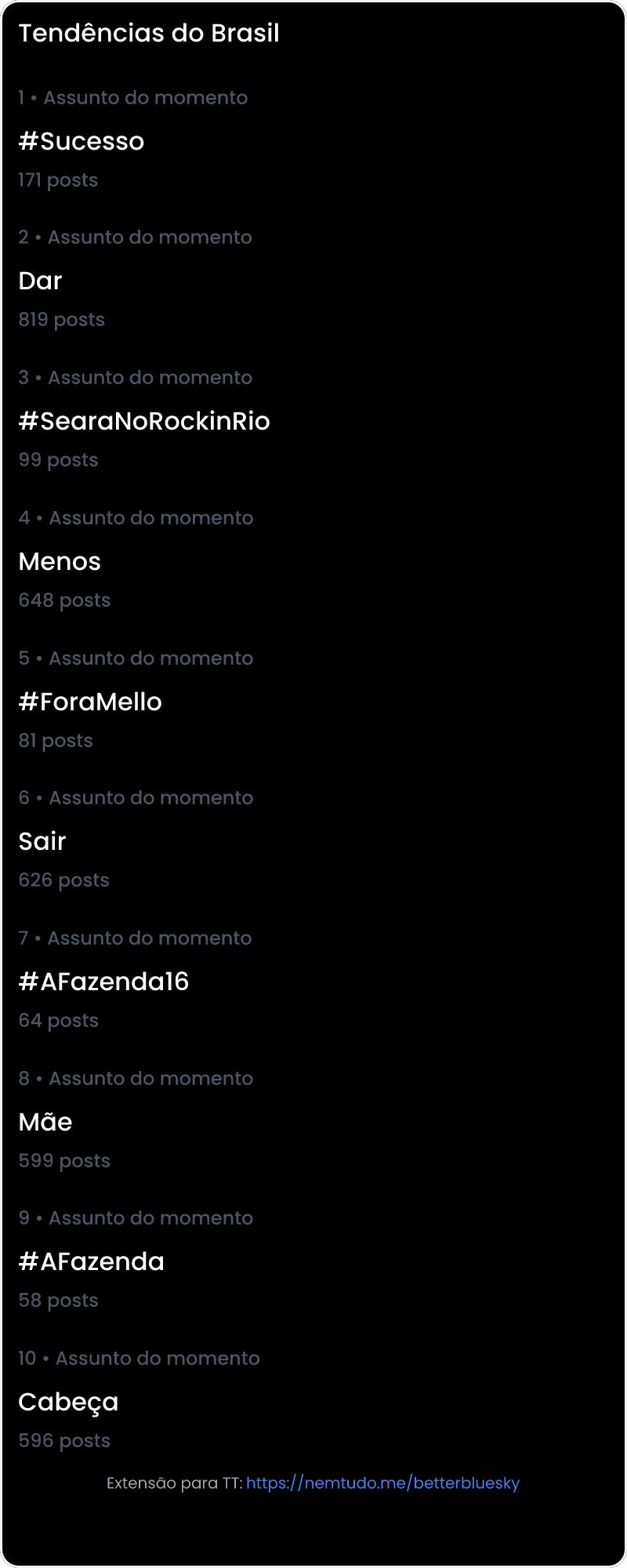 10 tendências/hashtags/palavras mais comentadas listadas por imagem.