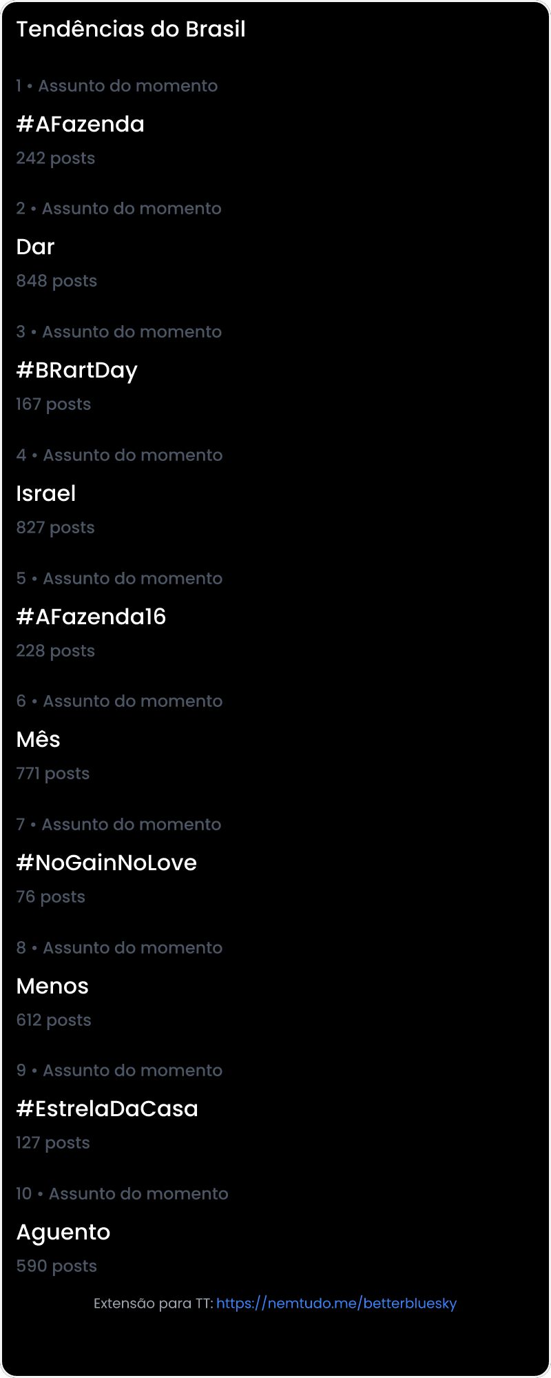 10 tendências/hashtags/palavras mais comentadas listadas por imagem.