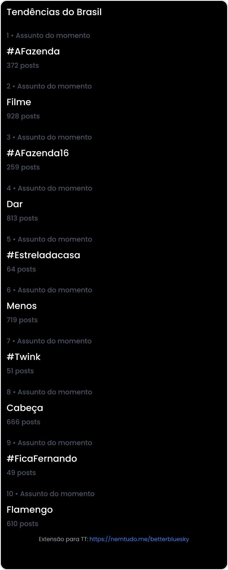 10 tendências/hashtags/palavras mais comentadas listadas por imagem.