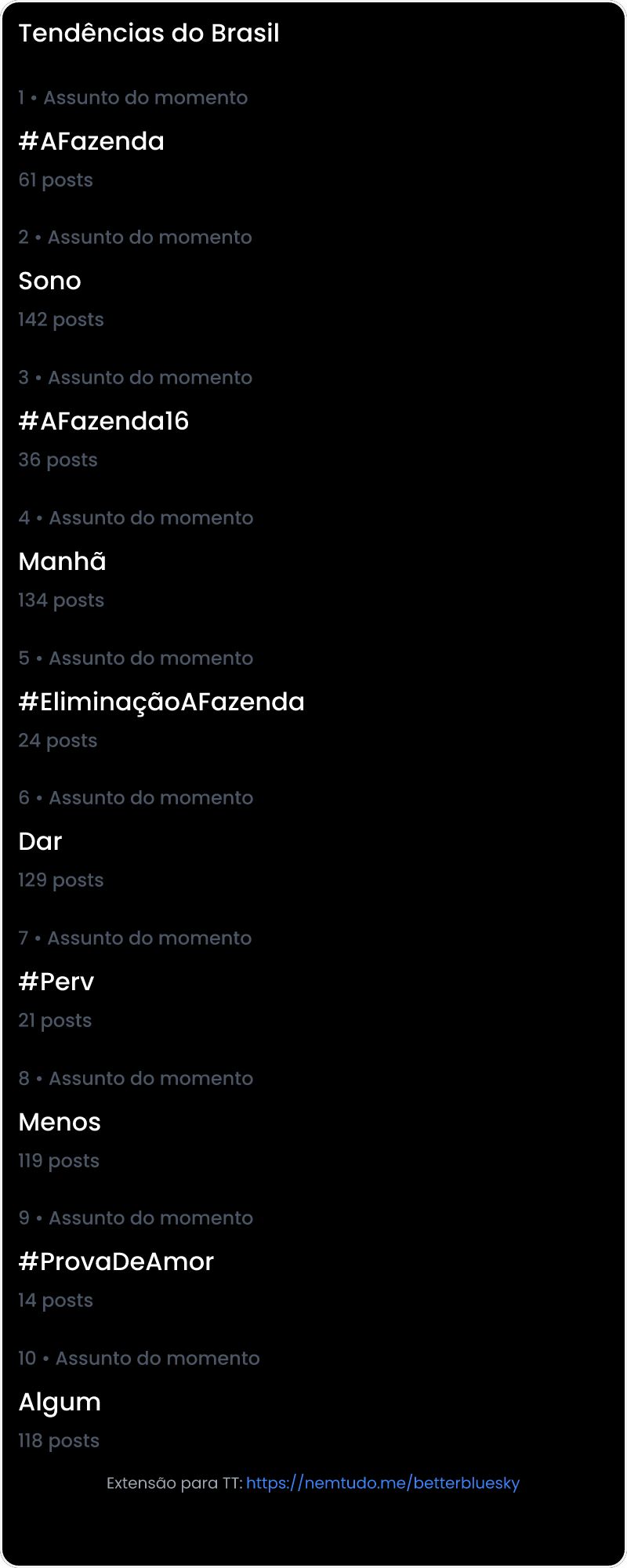 10 tendências/hashtags/palavras mais comentadas listadas por imagem.