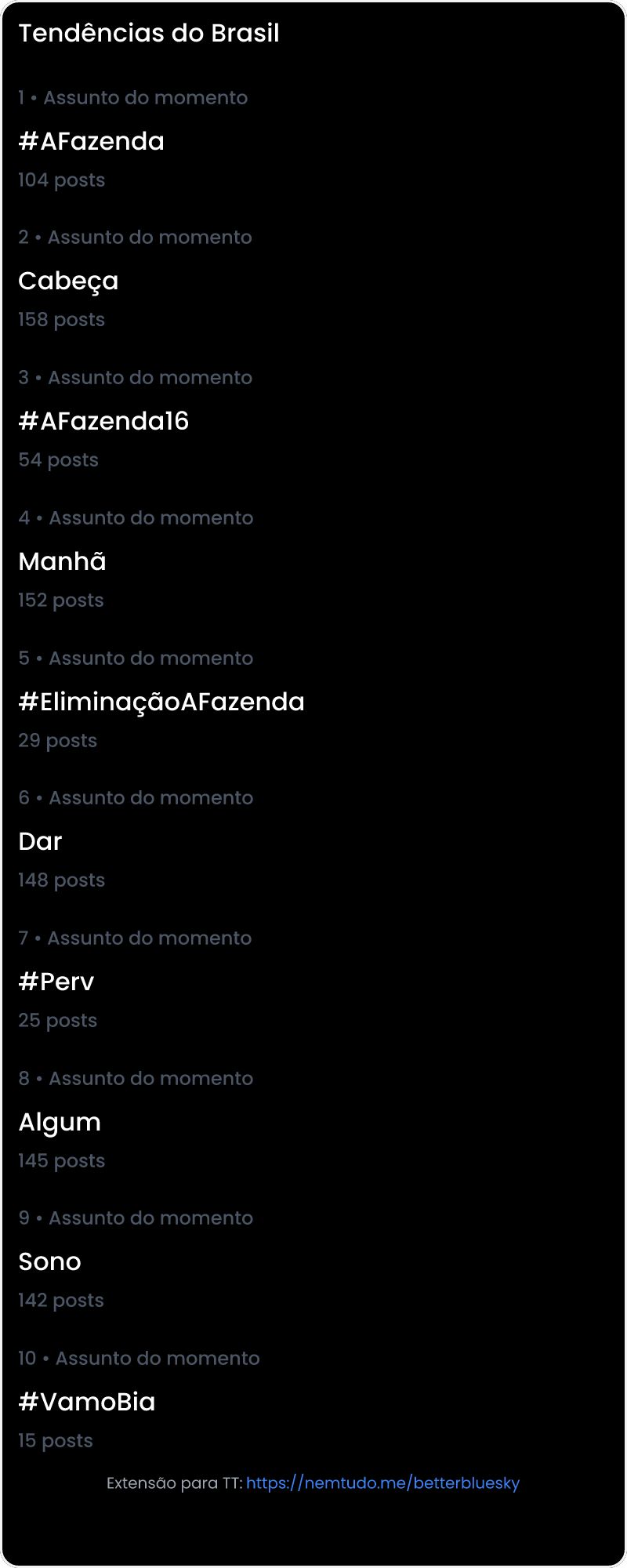 10 tendências/hashtags/palavras mais comentadas listadas por imagem.