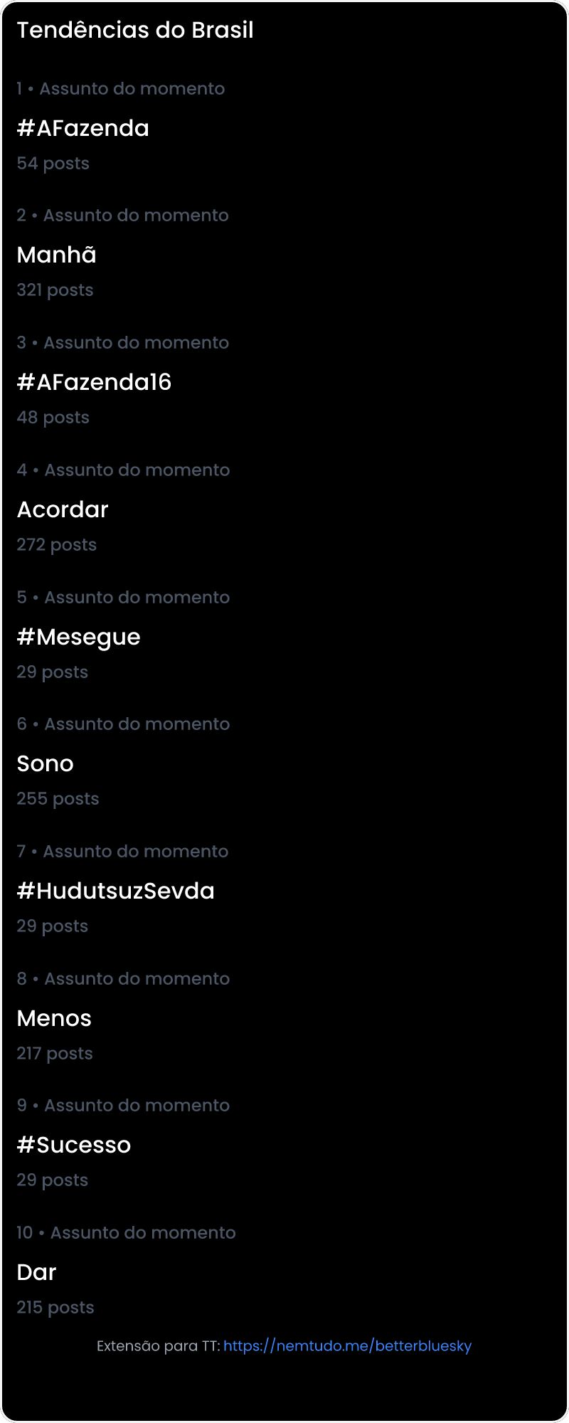 10 tendências/hashtags/palavras mais comentadas listadas por imagem.