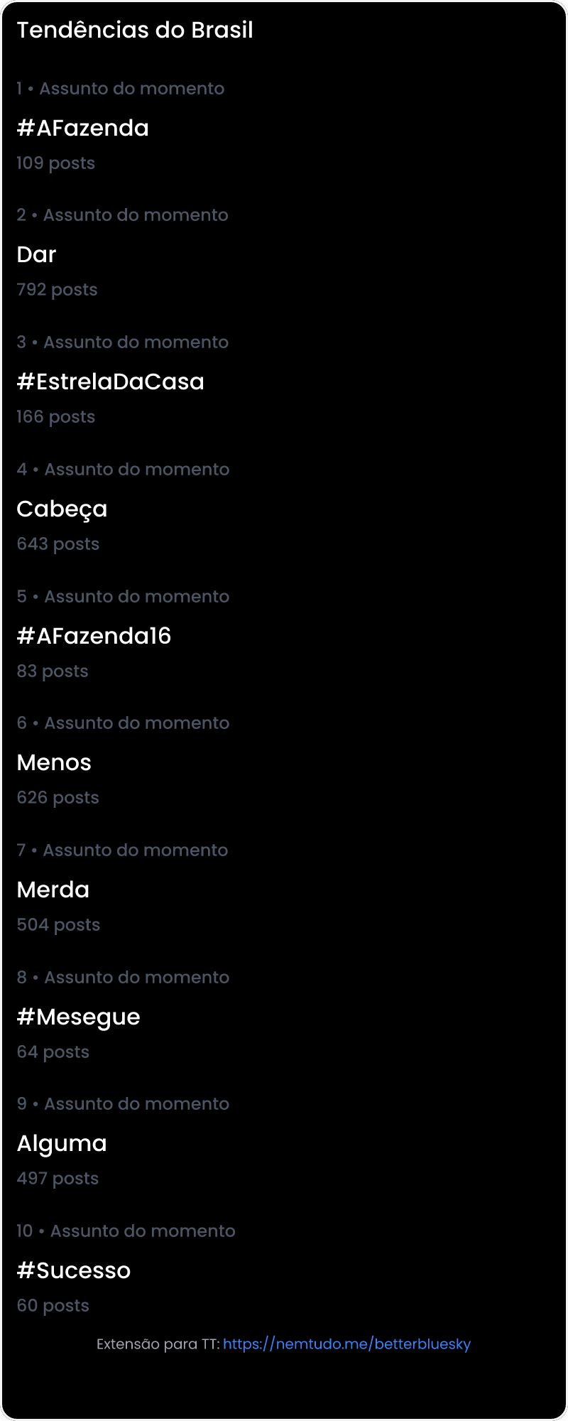 10 tendências/hashtags/palavras mais comentadas listadas por imagem.