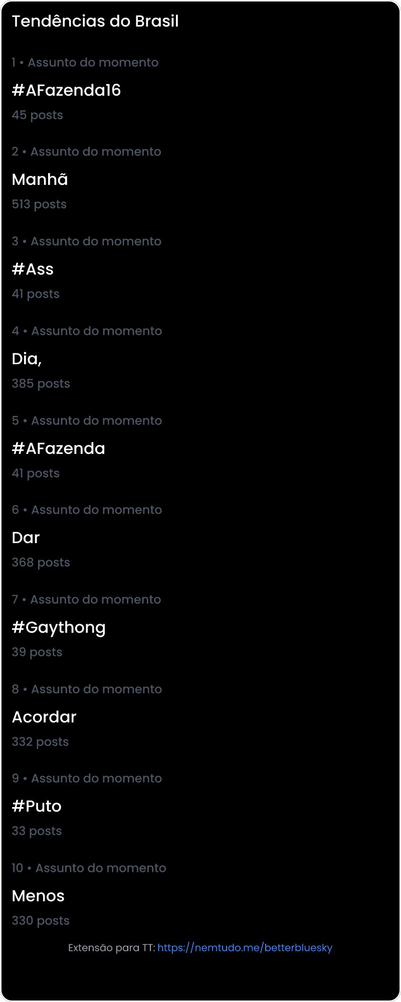 10 tendências/hashtags/palavras mais comentadas listadas por imagem.