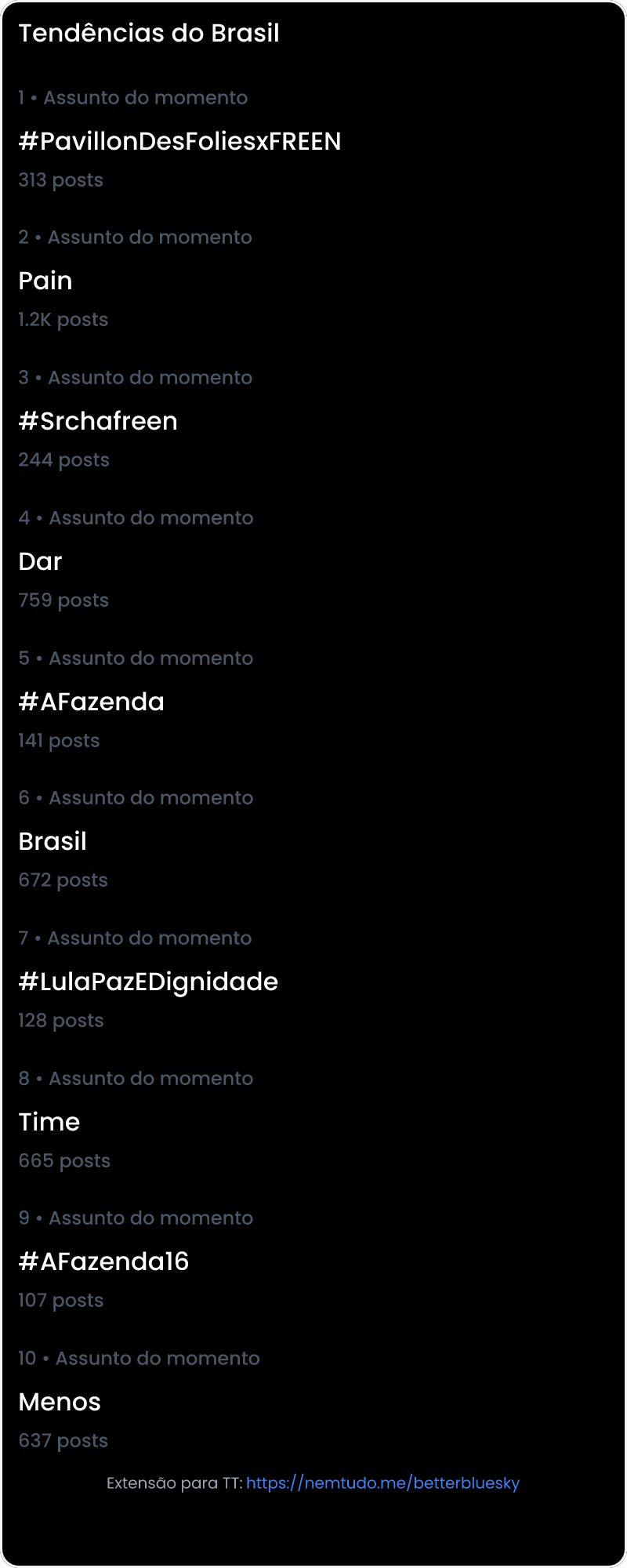 10 tendências/hashtags/palavras mais comentadas listadas por imagem.