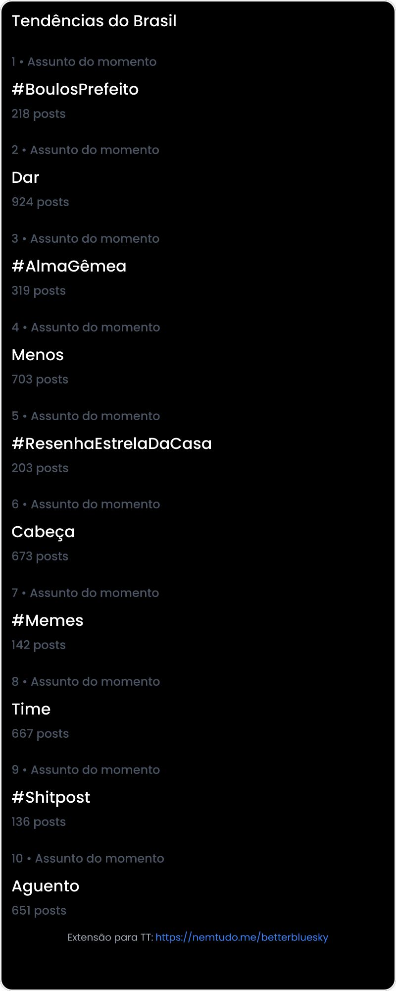 10 tendências/hashtags/palavras mais comentadas listadas por imagem.