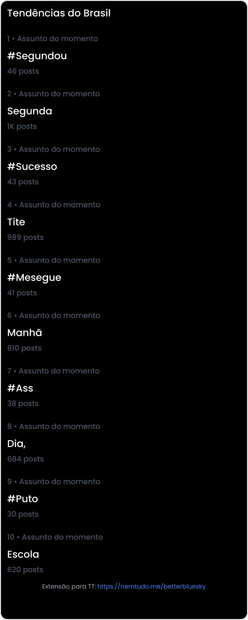 10 tendências/hashtags/palavras mais comentadas listadas por imagem.