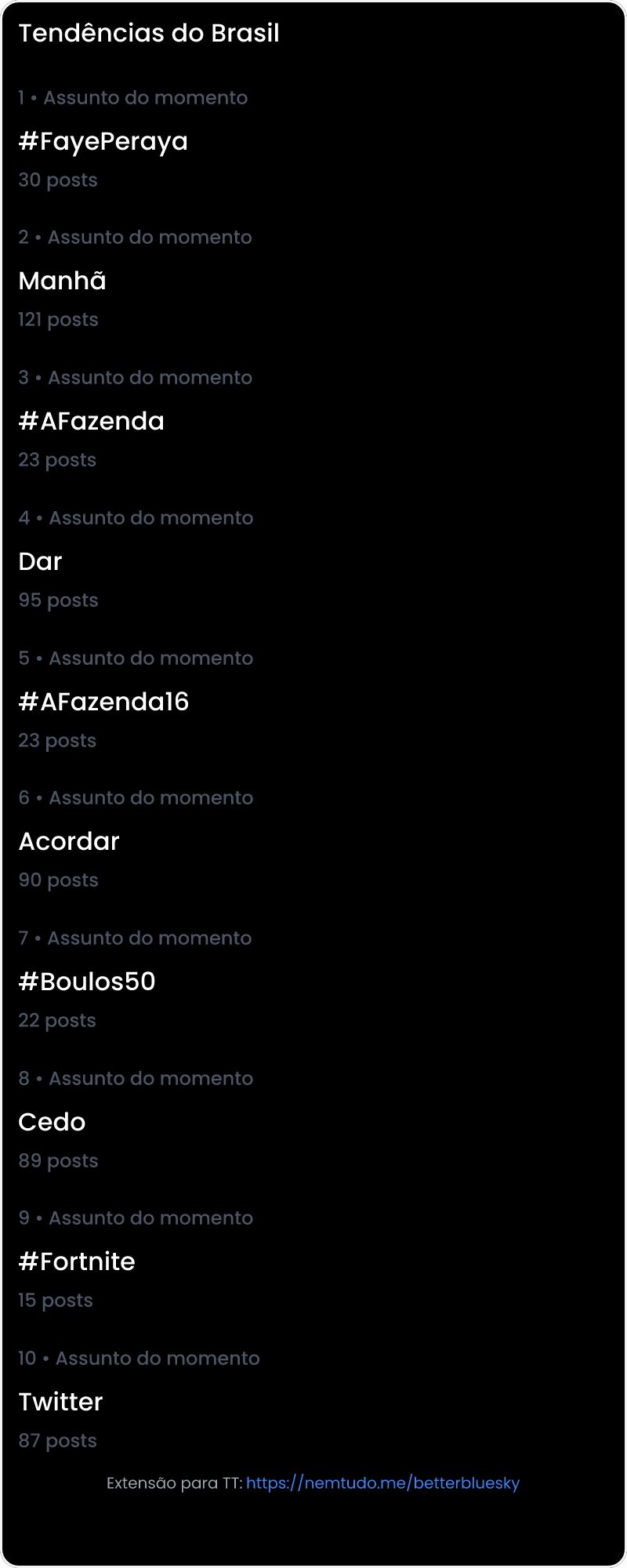 10 tendências/hashtags/palavras mais comentadas listadas por imagem.