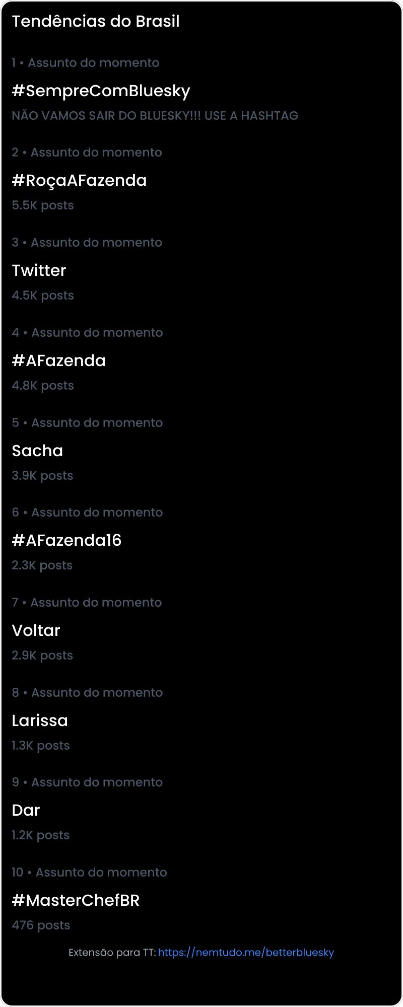 10 tendências/hashtags/palavras mais comentadas listadas por imagem.