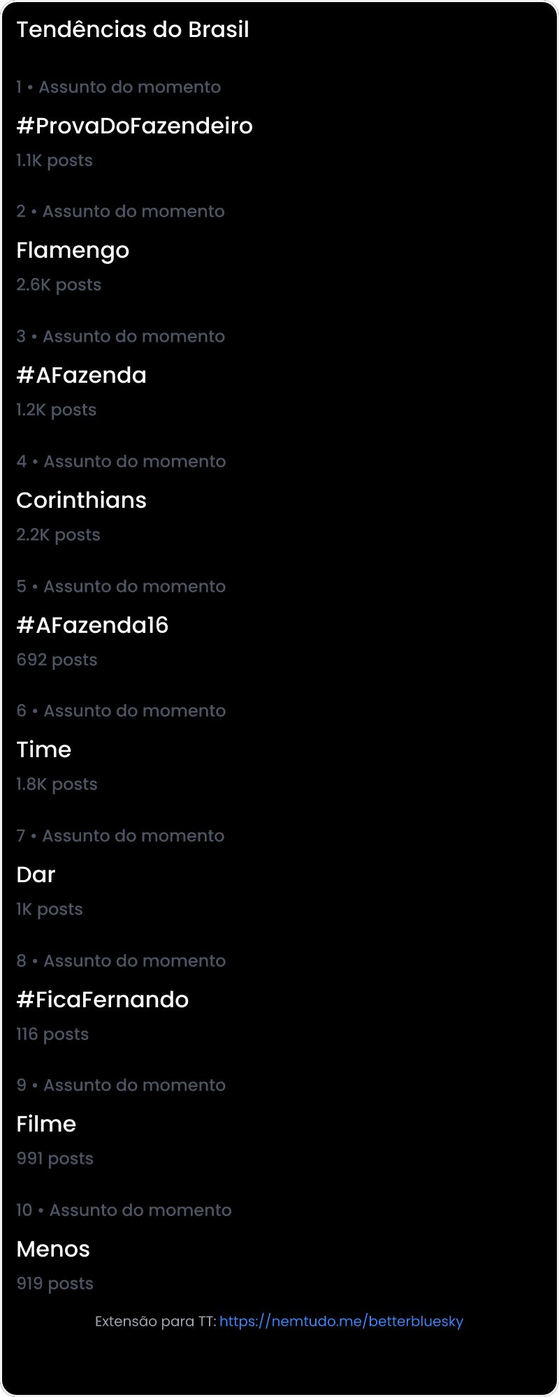 10 tendências/hashtags/palavras mais comentadas listadas por imagem.