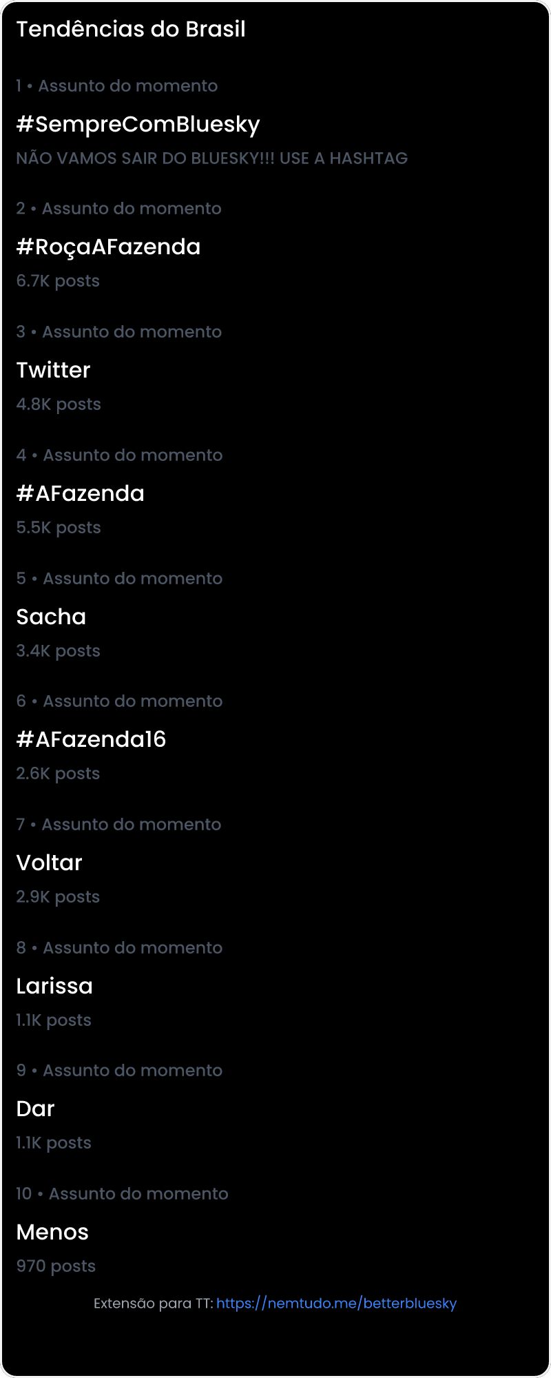 10 tendências/hashtags/palavras mais comentadas listadas por imagem.