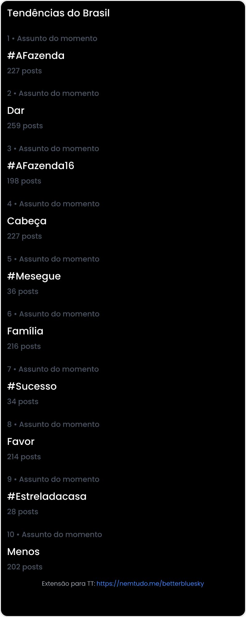 10 tendências/hashtags/palavras mais comentadas listadas por imagem.