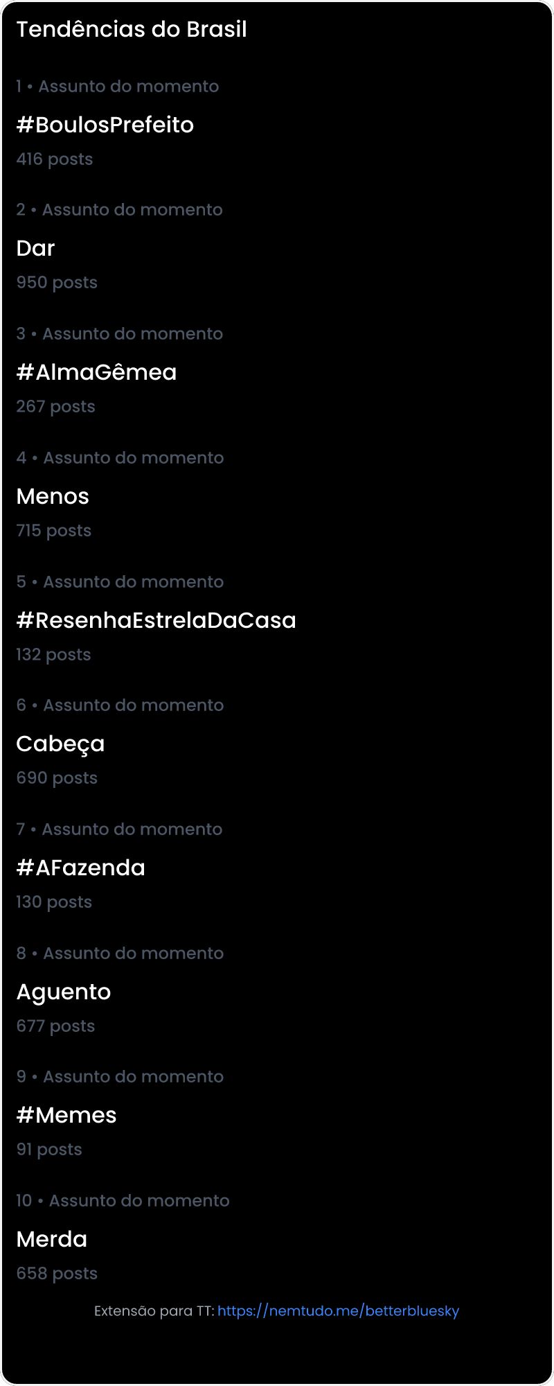 10 tendências/hashtags/palavras mais comentadas listadas por imagem.