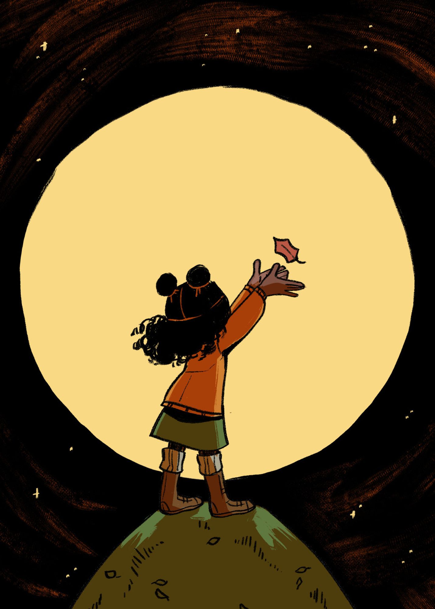 A young girl with dark brown skin is seen from the back, back lit by a giant full moon. She has her arms outstretched, reaching for a leaf.