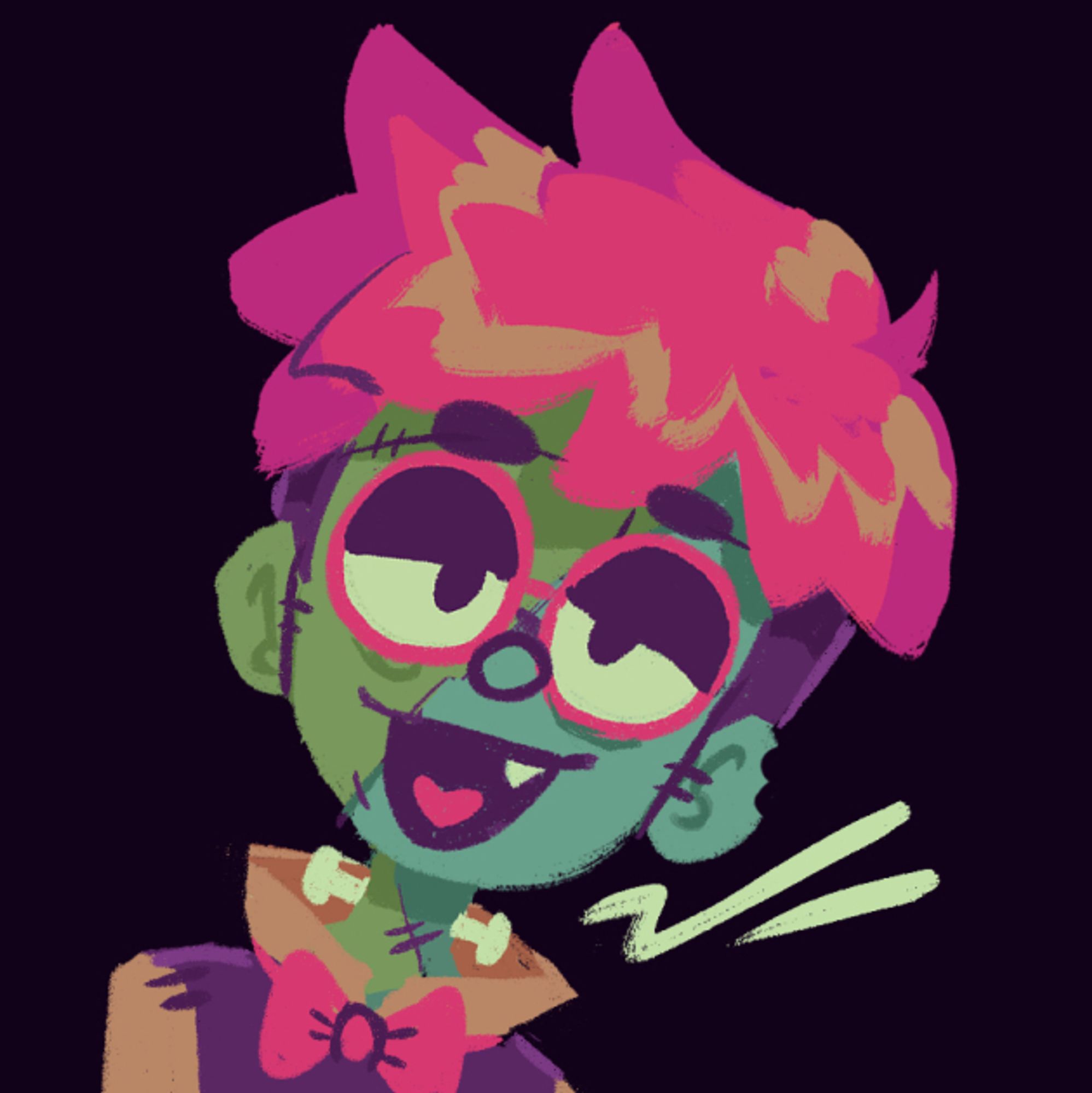 An illustrated icon of myself as Frankenstein's monster with pink hair