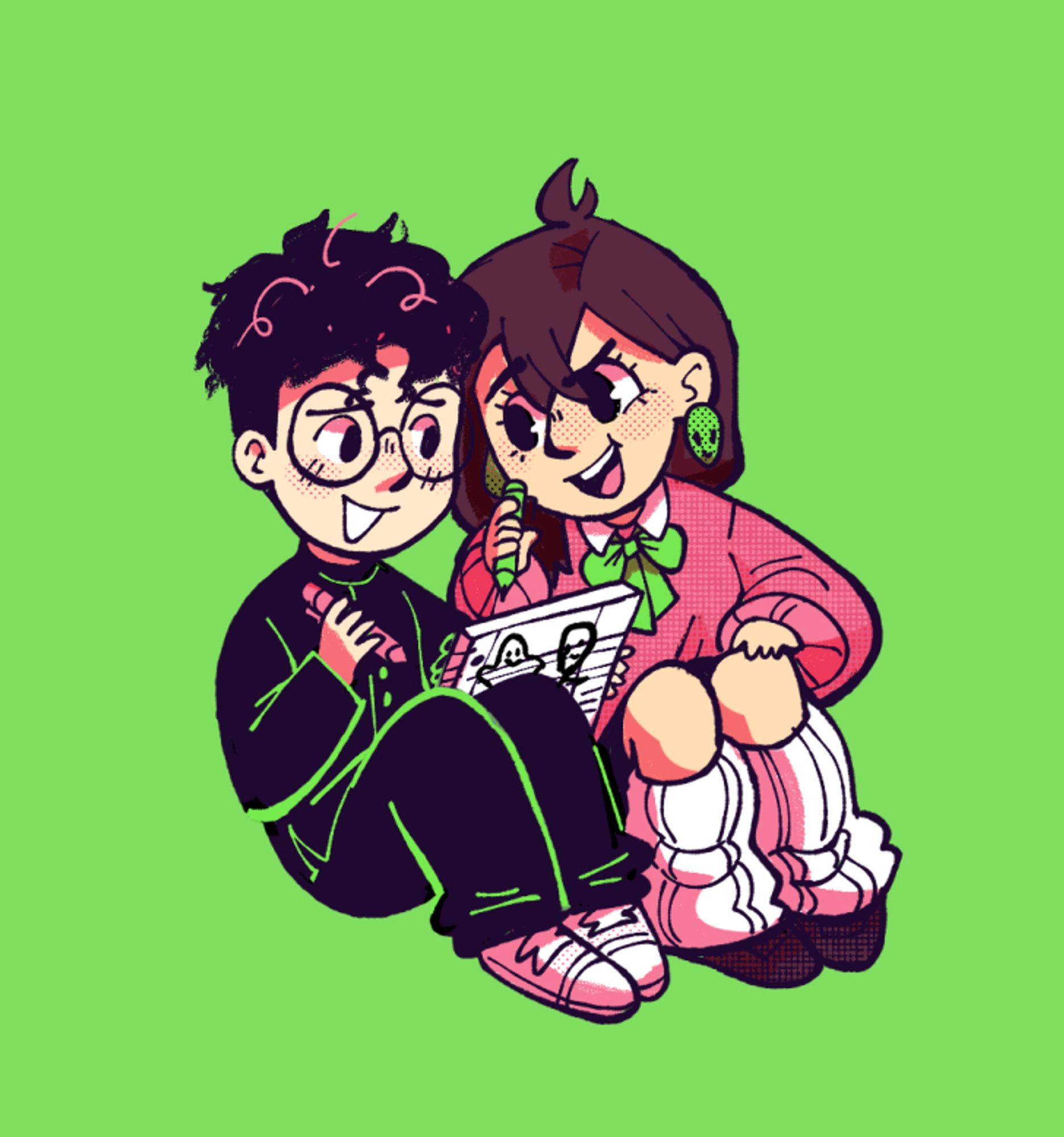 Cartoony fanart of Okarun and Momo Ayase from the manga Dandadan on a bright green background. Okarun is holding a spiral noteback and the two are in deep discussion about whatever they're drawing.