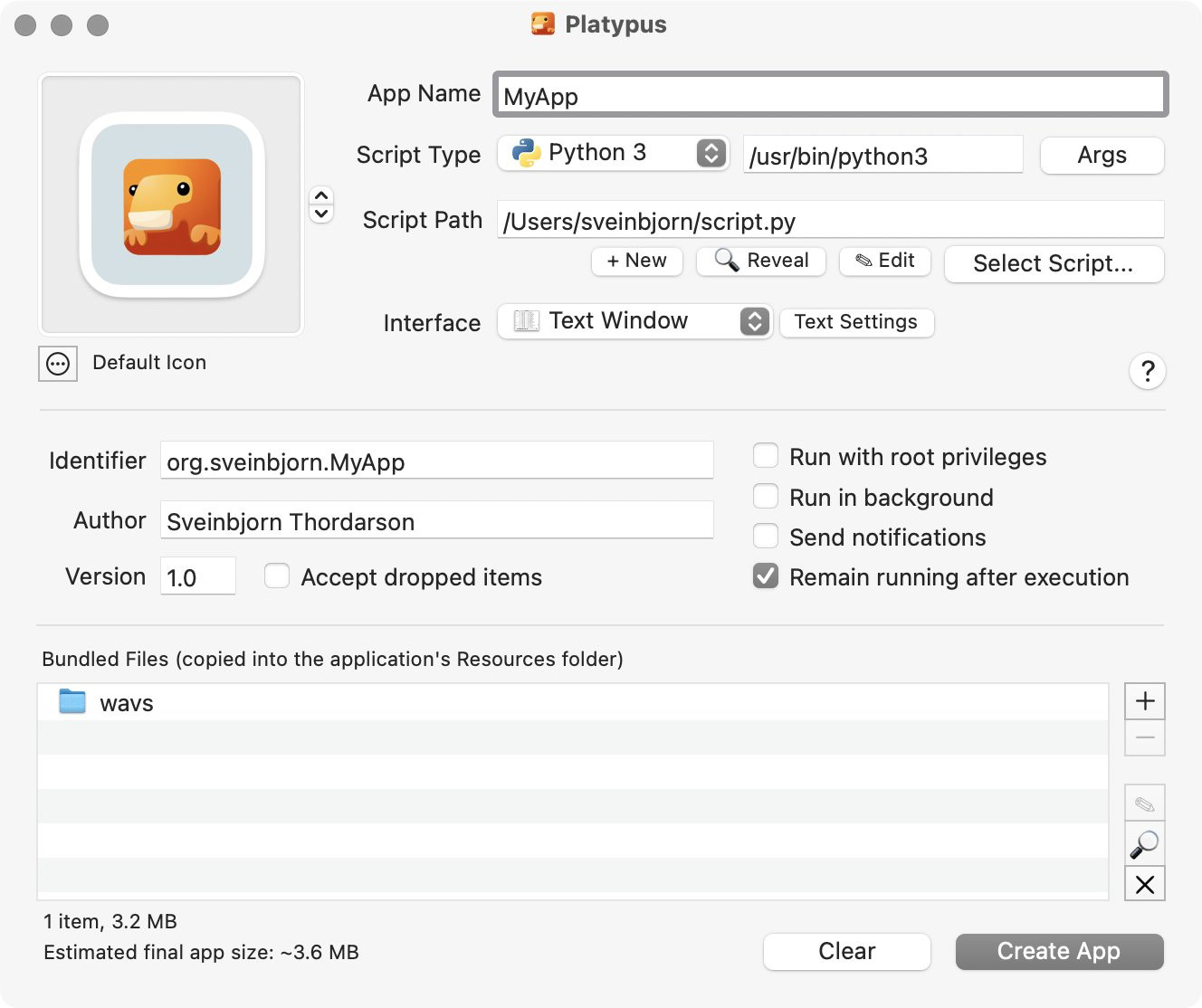 User interface for platypus that includes options for application identifiers, bundled files and icons. It would run whatever script was assigned and could include dependencies such as Python.