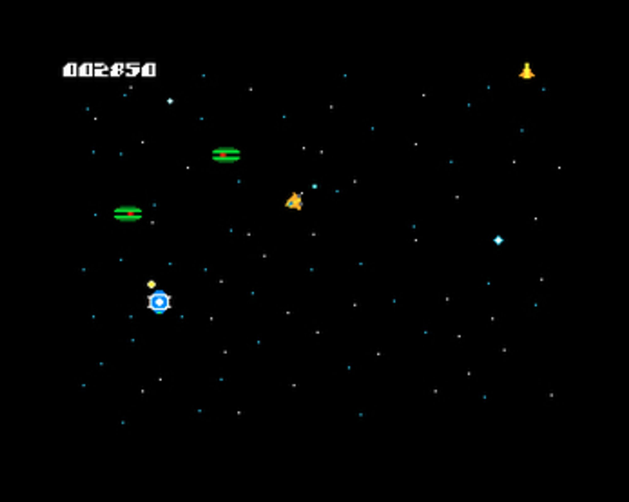 A screen shot of "Invasion of the Emerald Saucers" a game I wrote for the Spectrum Next in 2023.