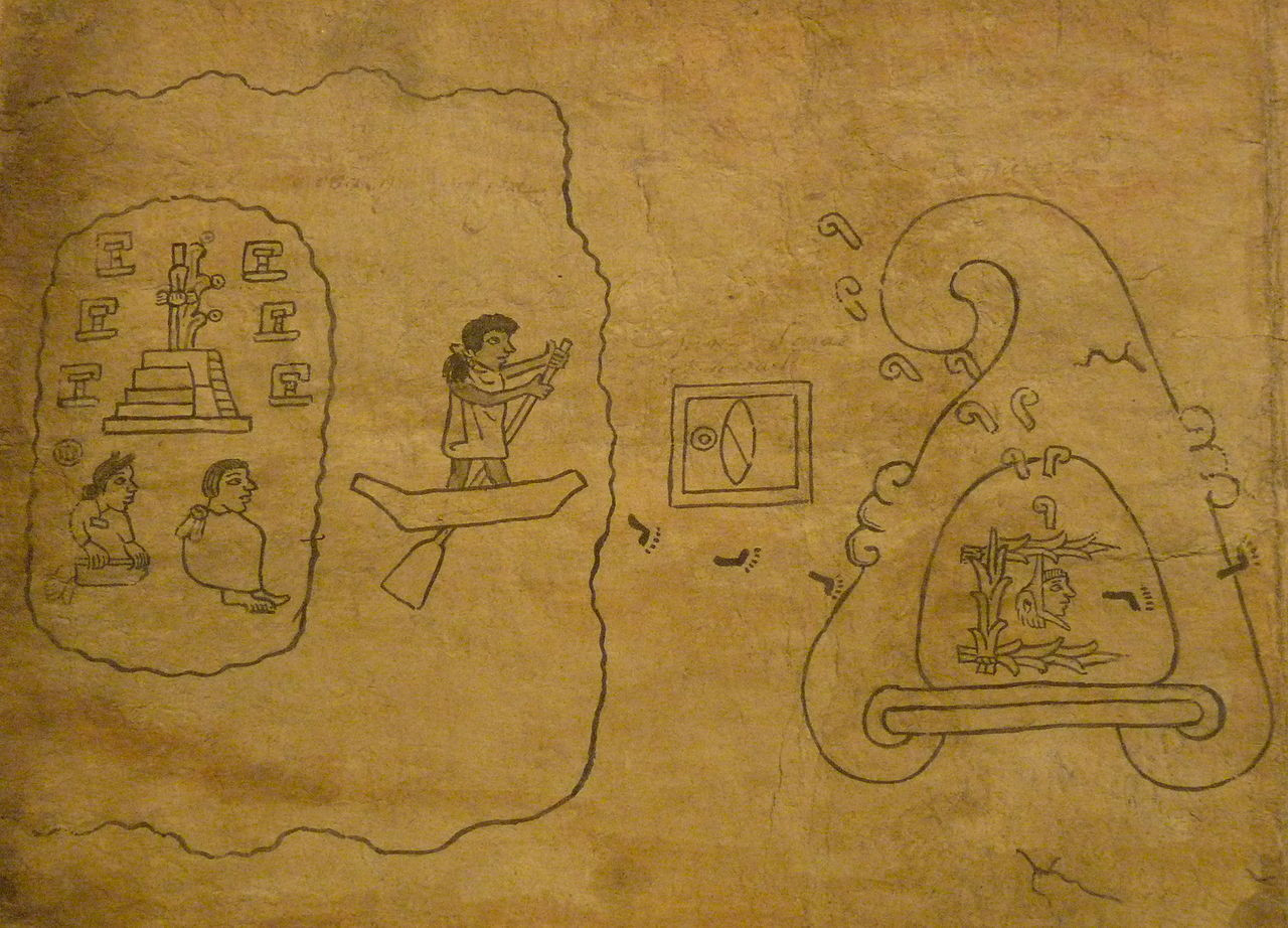 Lámina 1 del Códice Boturini - Muestra la salida de los aztecas de Aztlán guiados por Chimalma y Huitzilopochtli, llegando a Culhuacán o Chicomoztoc.