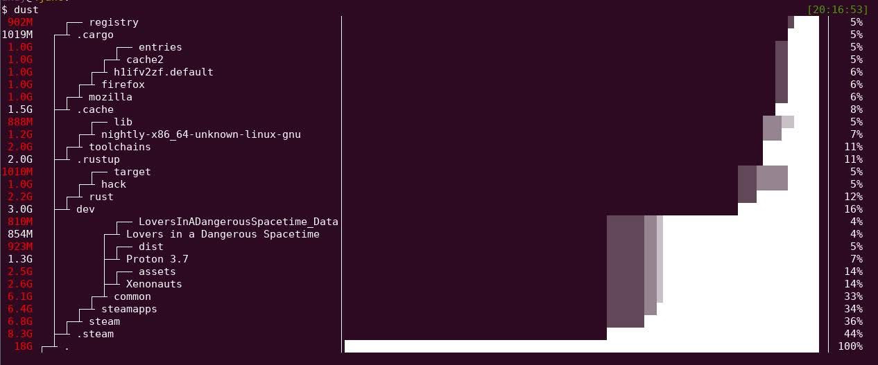A screenshot of dust utility running on Linux showing disk usage.